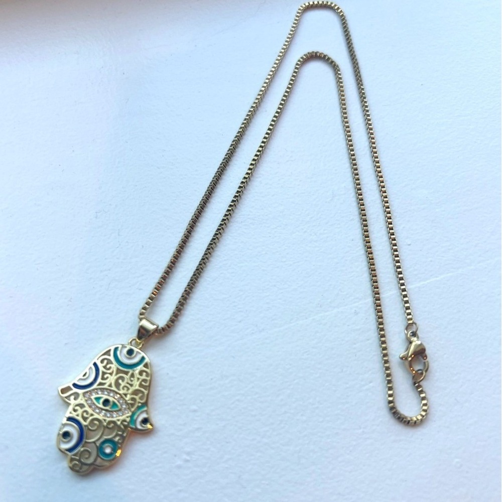 Gold Hamsa Hand Evil Eye Pendant Necklace Stainless Steel Box Chain 45cm Womens